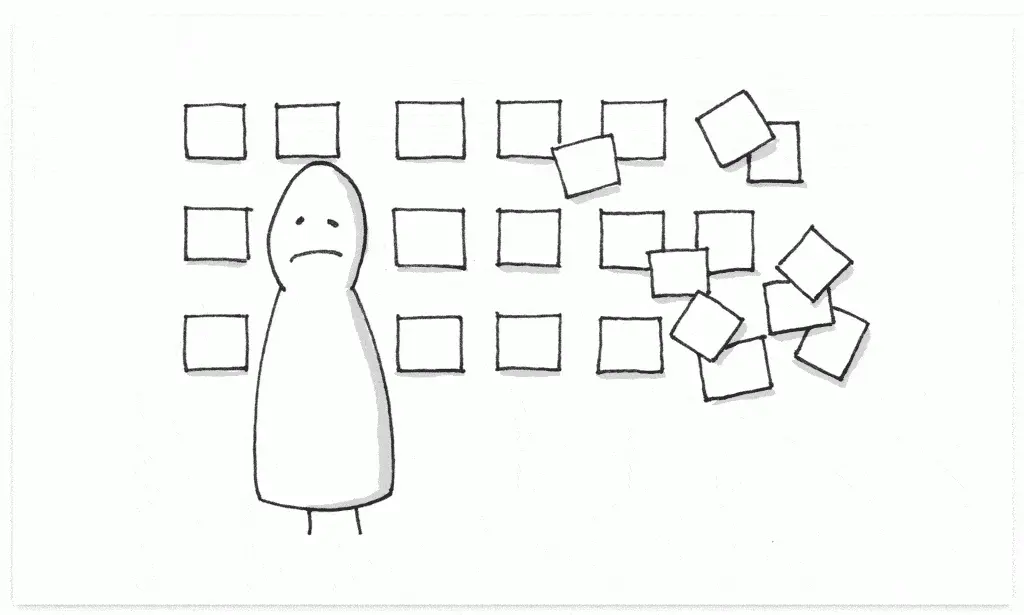 Illustration of an abstract person with a frown standing in front of squares that represent features—they start out organized on the left side and become chaotic and scattered on the right