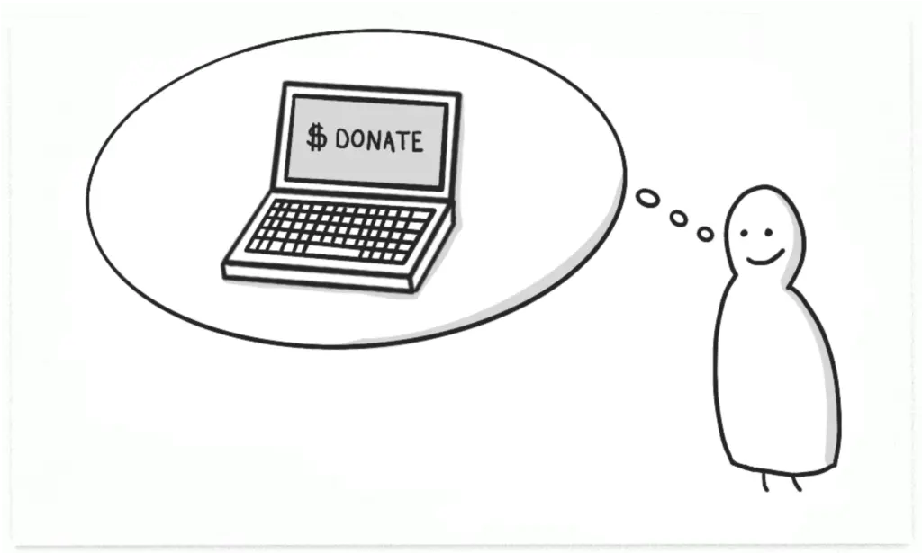 Illustration of a person with a thought bubble, "thinking" about getting to their laptop to donate