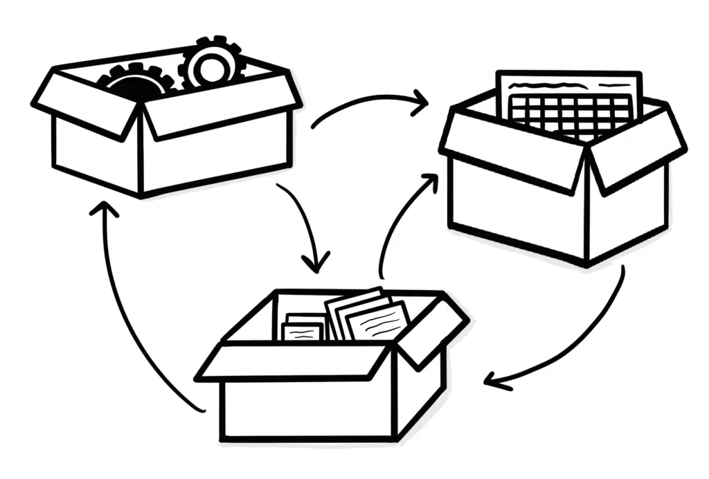 A diagram showing the compartmentalization of various pieces of a software package (represented by data inside boxes with arrows between them) as you futureproof your technology
