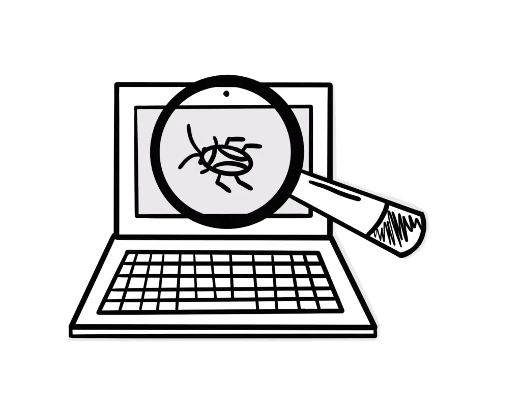 A drawing of a laptop with a magnifying glass highlighting a "bug" on the screen to illustrate the importance of tests in futureproofing your technology